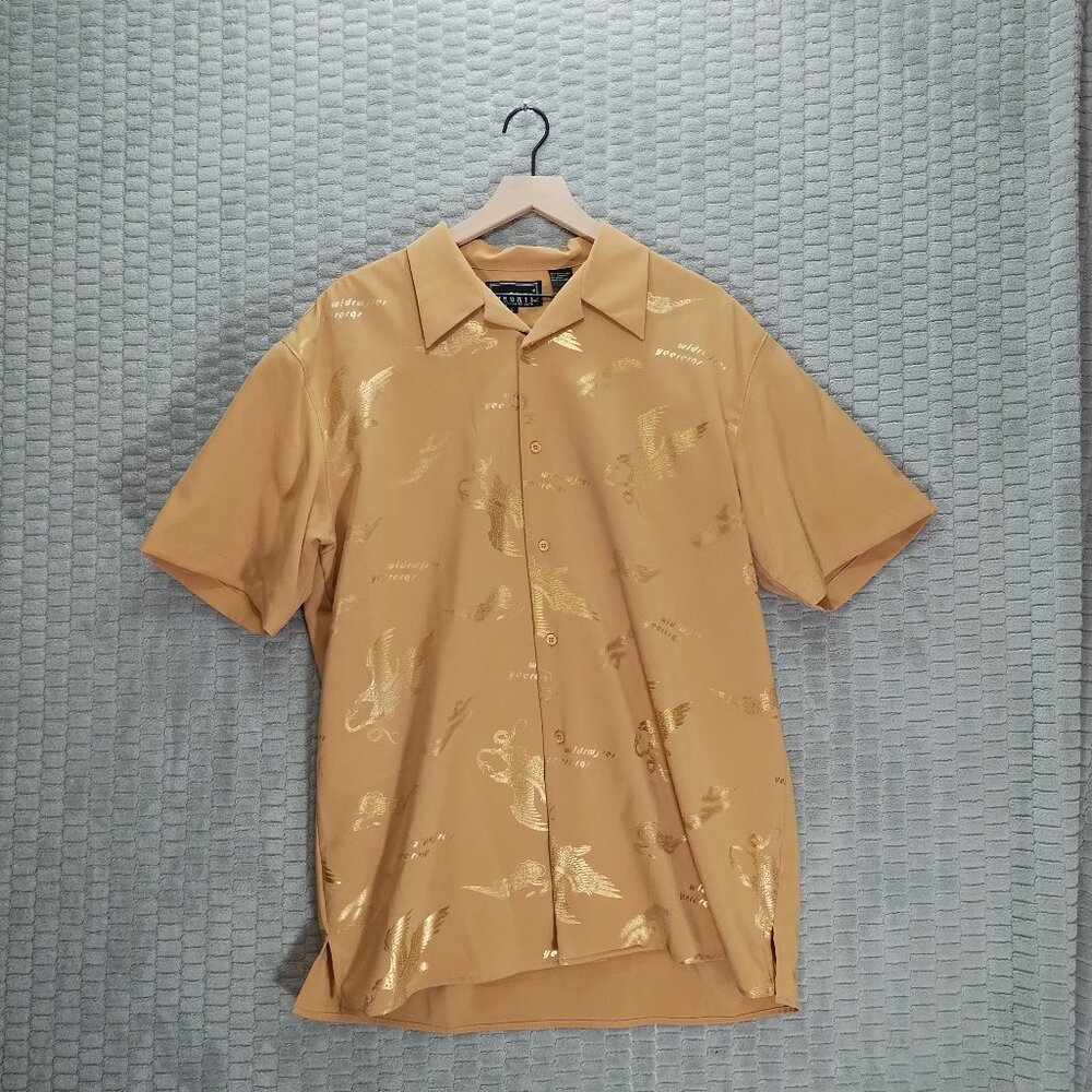 Pronti Gold Short Sleeve Button Up-Metallic Eagle Snake Print-Sz L